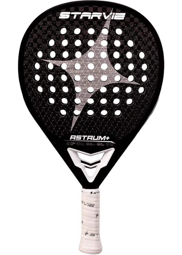 StarVie Astrum+ Black 2027 padel racket, teardrop shape, 12K carbon face